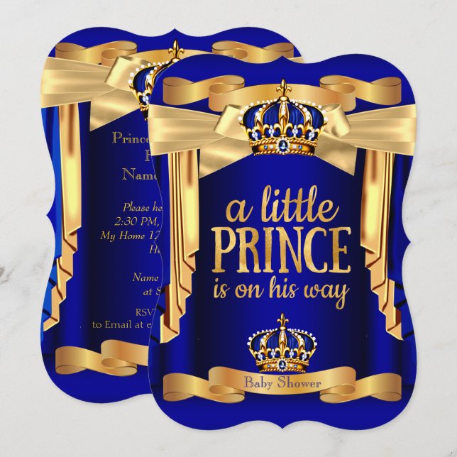 Elegant Royalblå Prinsbabyshower Guld Kronor Inbjudningar (Fram/baksida)