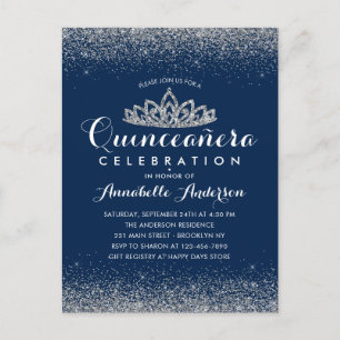 Elegant Royalblå Quinceañera Silvertiara Glitter Vykort