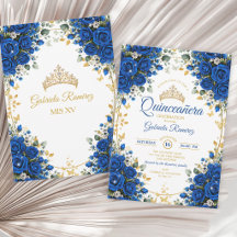 Elegant Royalblå Rosor Guld Quinceañera