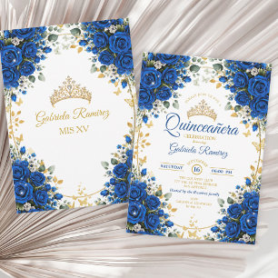 Elegant Royalblå Rosor Guld Quinceañera Inbjudningar