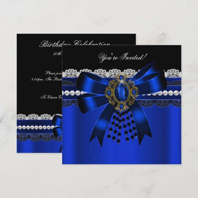Elegant Royalblå Svart Diamant Guldspets Party 2 Inbjudningar (Fram/baksida)