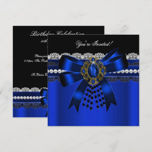 Elegant Royalblå Svart Diamant Guldspets Party 2 Inbjudningar