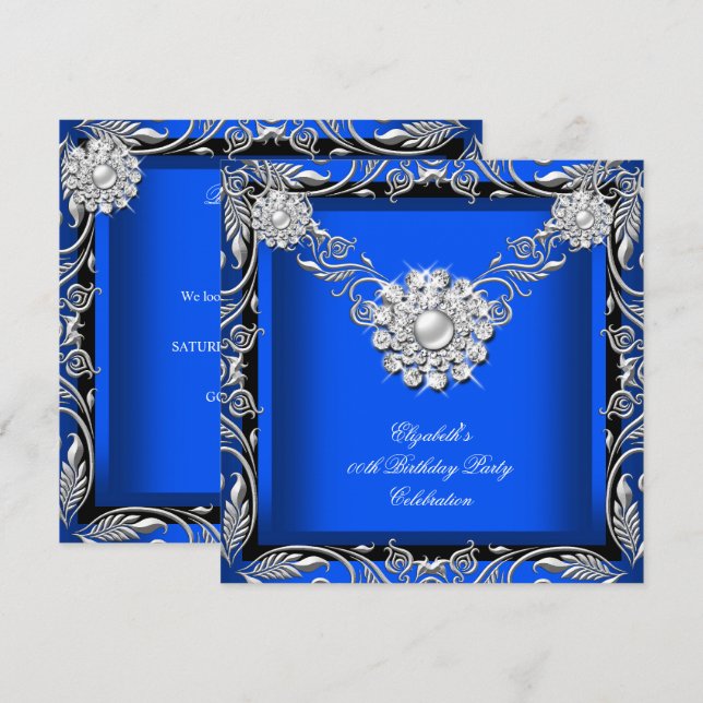 Elegant Royalblå Svart Silver Födelsedagsfest Inbjudningar (Fram/baksida)