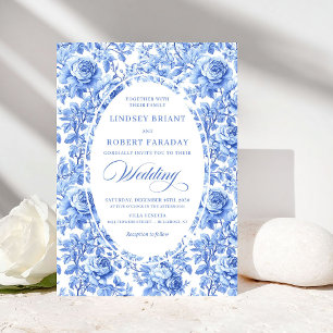 Elegant Royalblå Toile Blommig Bröllopsinbjudan Inbjudningar
