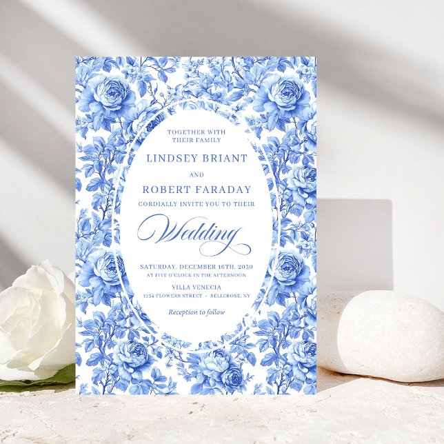Elegant Royalblå Toile Blommig Bröllopsinbjudan Inbjudningar (Chic Royal Blue Toile Floral Wedding Invitation)