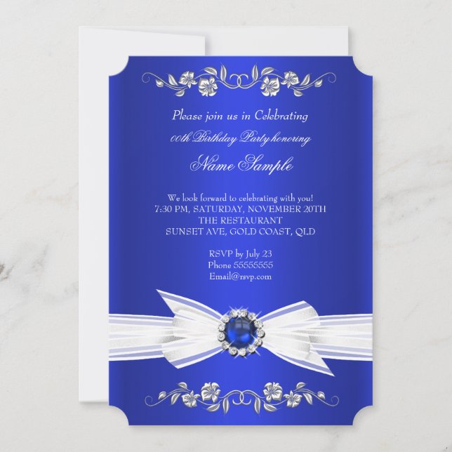 Elegant Royalblå Vit Pärla Smycke Slinga Födelseda Inbjudningar (Framsida)