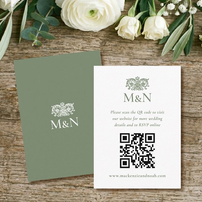 Elegant RSVP Bröllopsmonogram QR-kod Grön Tilläggskort (Skapare uppladdad)