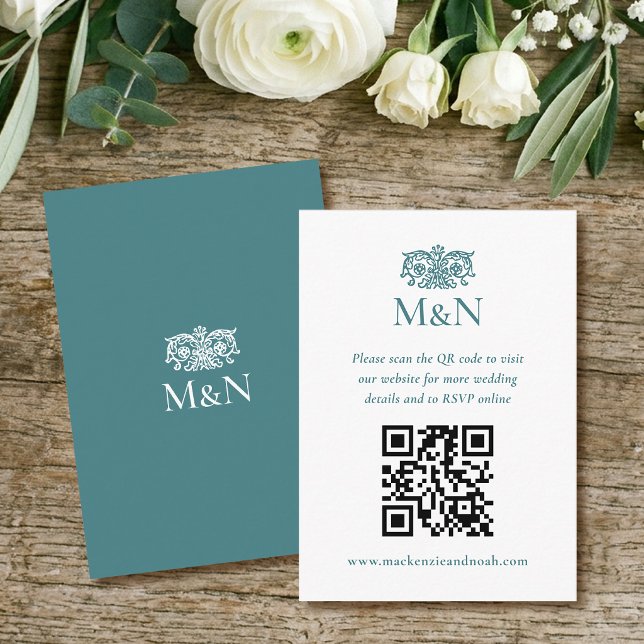 Elegant RSVP Bröllopsmonogram QR-kod Tealgrön Tilläggskort (Skapare uppladdad)