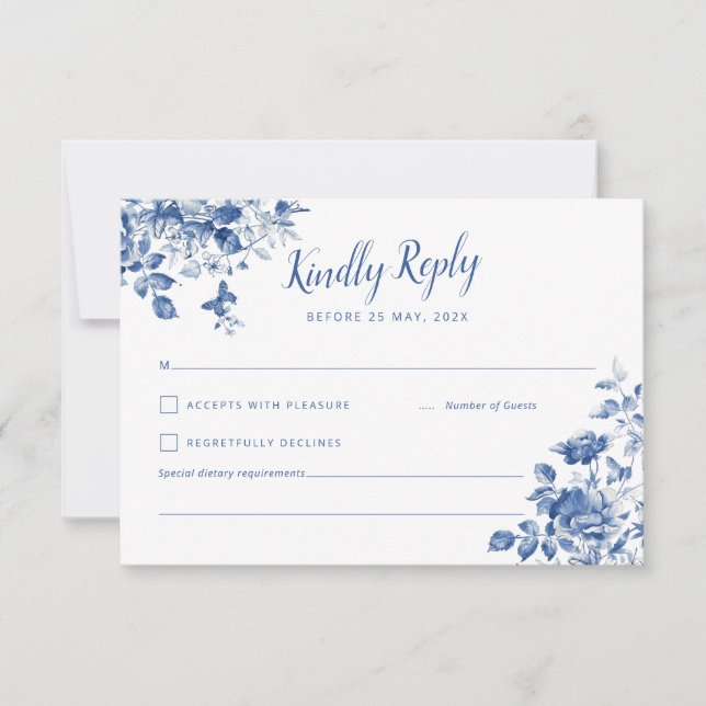 Elegant RSVP med blåa blommor och kalligrafisk tec OSA Kort (Framsida)