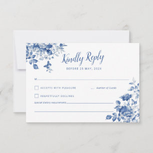 Elegant RSVP med blåa blommor och kalligrafisk tec OSA Kort