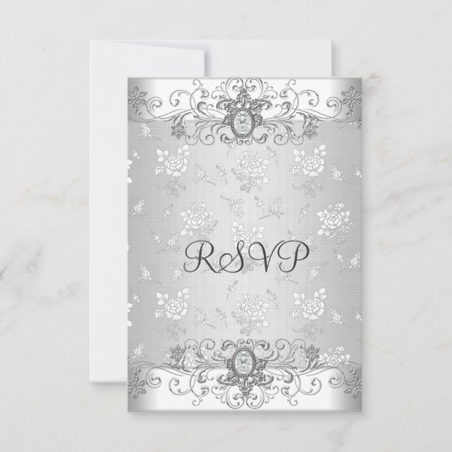 Elegant RSVP Silver Vitt Diamant Spets OSA Kort (Framsida)