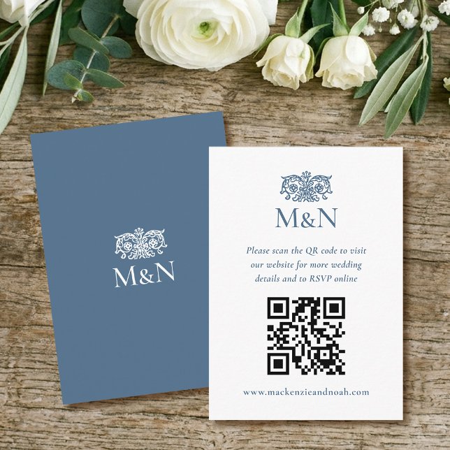Elegant RSVP Wedding Monogram QR Code Blue White Tilläggskort (Skapare uppladdad)