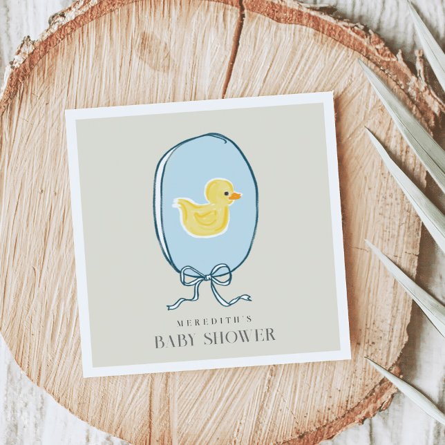 Elegant Rubber Ducky Ribbon Baby Shower Pappersservett (Elegant meets cute rubber ducky Baby Shower napkins featuring a yellow ducky framed in a blue ribbon)