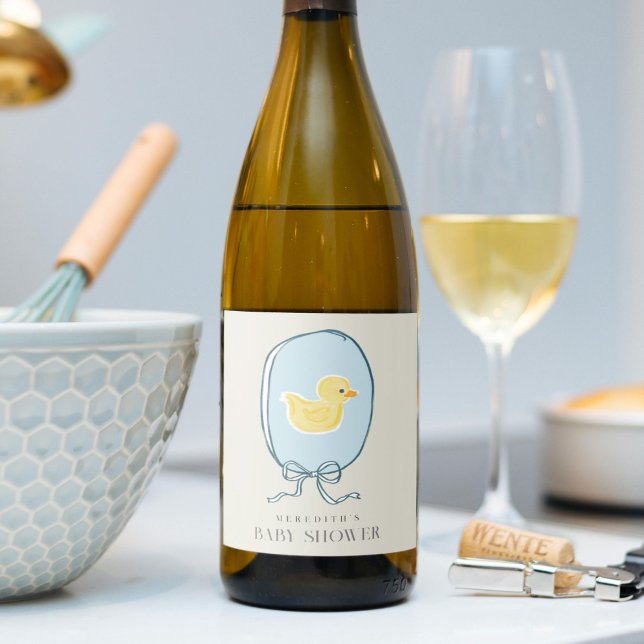 Elegant Rubber Ducky Ribbon Baby Shower Vinflaska Etikett (Elegant meets cute yellow and blue rubber ducky baby shower wine bottle label stickers.)