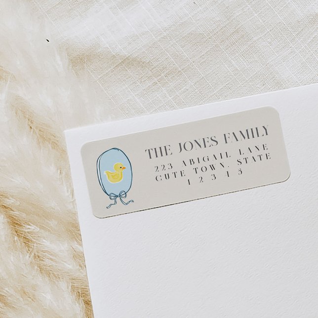 Elegant Rubber Ducky Ribbon Returadress Returadress Etikett (Elegant rubber ducky framed in a blue ribbon tied in a bow Baby Shower return address labels.)