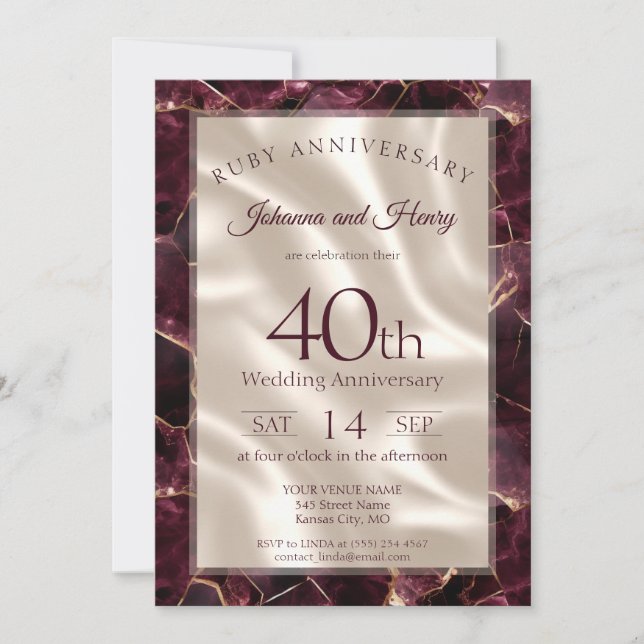 Elegant rubinmarmor 40-års bröllopsjubileum inbjudningar (Framsida)
