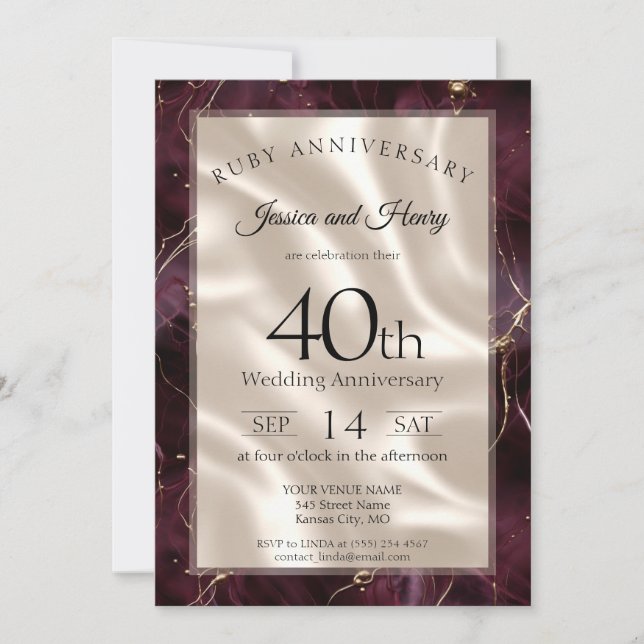 Elegant rubinmarmor 40-års bröllopsjubileum inbjudningar (Framsida)