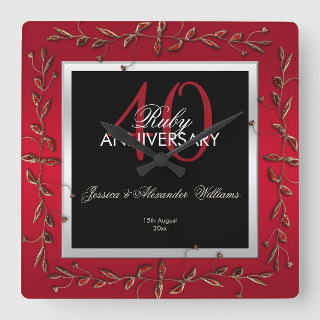 Elegant Ruby Gemstones 40:e Bröllop-årsdagen Fyrkantig Klocka (Framsida)