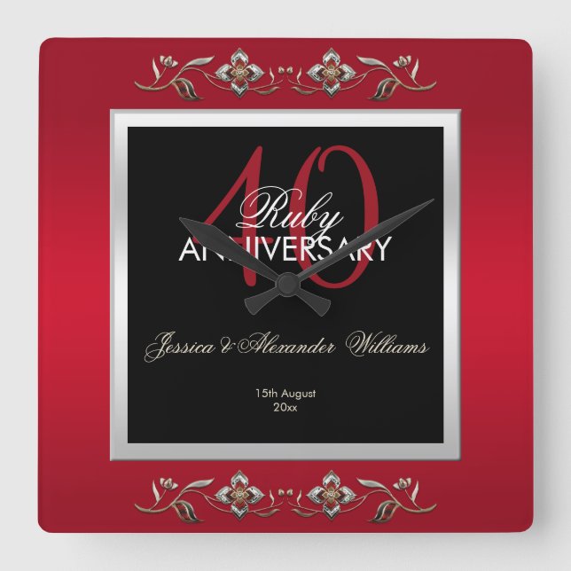 Elegant Ruby Gemstones 40:e Bröllop-årsdagen Fyrkantig Klocka (Framsida)