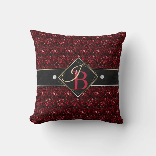 Elegant Ruby och diamanter på Black Monogram Namn Kudde (Framsida)
