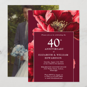Elegant Ruby Red Blommigt 40-årsjubileum Foto Inbjudningar