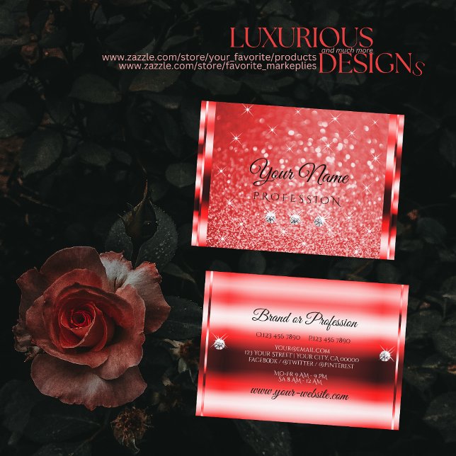 Elegant Ruby Red Glitter Luminous Stars Diamonds Visitkort (Skapare uppladdad)