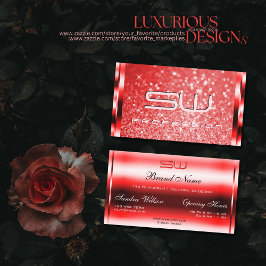 Elegant Ruby Red Glitter Luminous Stars Monogram Visitkort