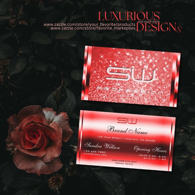 Elegant Ruby Red Glitter Luminous Stars Monogram Visitkort (Skapare uppladdad)