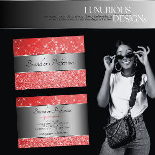 Elegant Ruby Red Glitter Silver Luminous Stars Visitkort