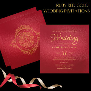 Elegant Ruby Red Guld Ornate Vintage bröllop Inbjudningar