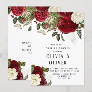 Elegant Ruby Red Peonies Par Shower Inbjudningar