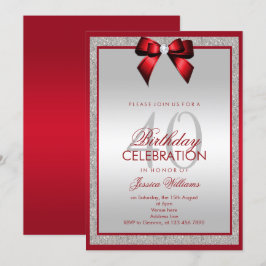 Elegant Ruby Red Silver Glitter 40:e födelsedagen Inbjudningar