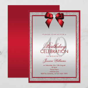 Elegant Ruby Red Silver Glitter 40:e födelsedagen Inbjudningar
