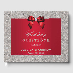 Elegant Ruby Red, Silver Glitter Bröllop Gästböcker