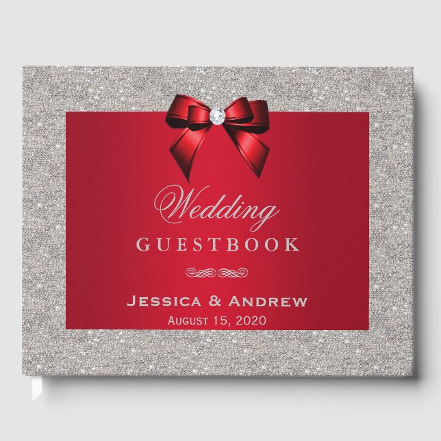 Elegant Ruby Red, Silver Glitter Bröllop Gästböcker (Framsida)
