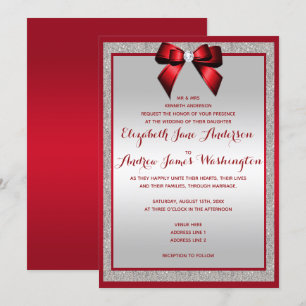 Elegant Ruby Red & Silver Glitter Bröllop Inbjudningar