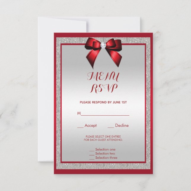 Elegant Ruby Red & Silver Glitter Bröllop Menu OSA Kort (Framsida)