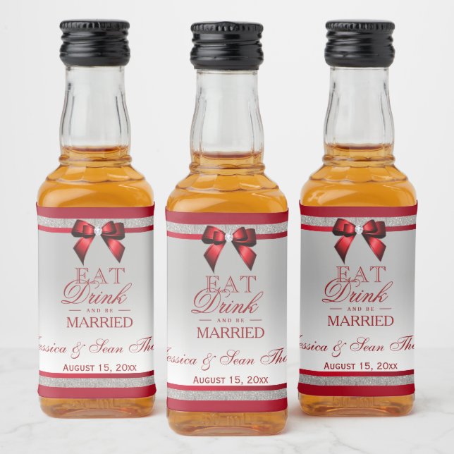 Elegant Ruby Red & Silver Glitter Bröllop Mini i Spritflaskor Etikett (Flaskor)