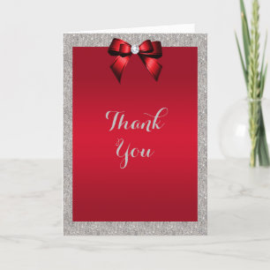 Elegant Ruby Red, Silver Glitter Bröllop Tack Kort