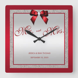 Elegant Ruby Red & Silver Glitter Bröllopsdag Fyrkantig Klocka