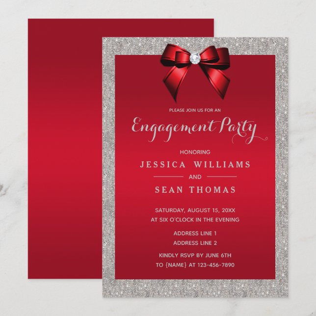 Elegant Ruby Red & Silver Glitter Förlovning Inbjudningar (Fram/baksida)