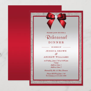 Elegant Ruby Red Silver Glitter Rehearsal Dinner Inbjudningar