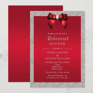 Elegant Ruby Red, Silver Glitter Rehearsal Dinner Inbjudningar