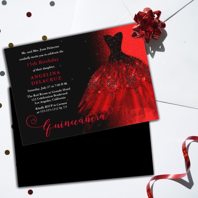 Elegant Ruby Red Spain Gown Quinceañera Inbjudningar (Skapare uppladdad)