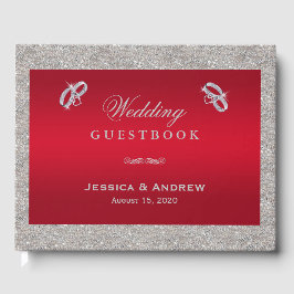 Elegant Ruby Red & Sparkly Silver Ringar Bröllop Gästböcker