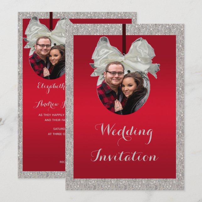 Elegant Ruby Röd & Gnistrande Julgranskula Bröllop Inbjudningar (Fram/baksida)