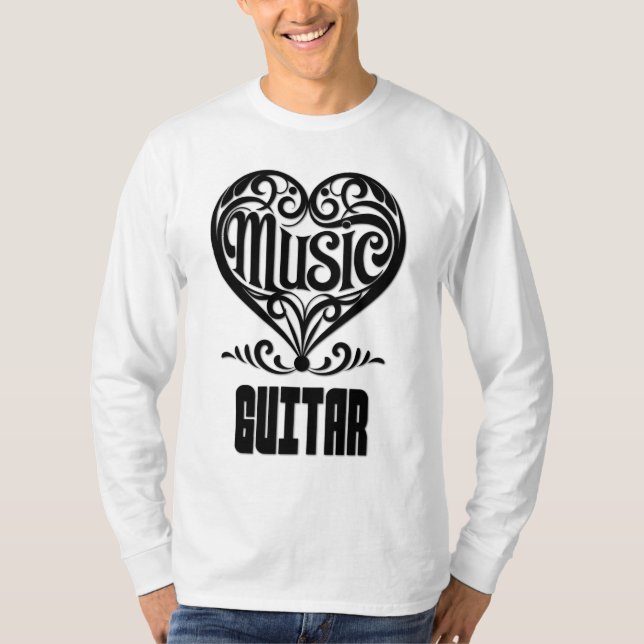 Elegant Rullat hjärta för Guitar Älskare T Shirt (Framsida)