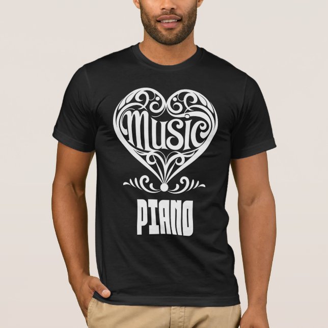 Elegant Rullat hjärta för Piano Älskare T Shirt (Framsida)