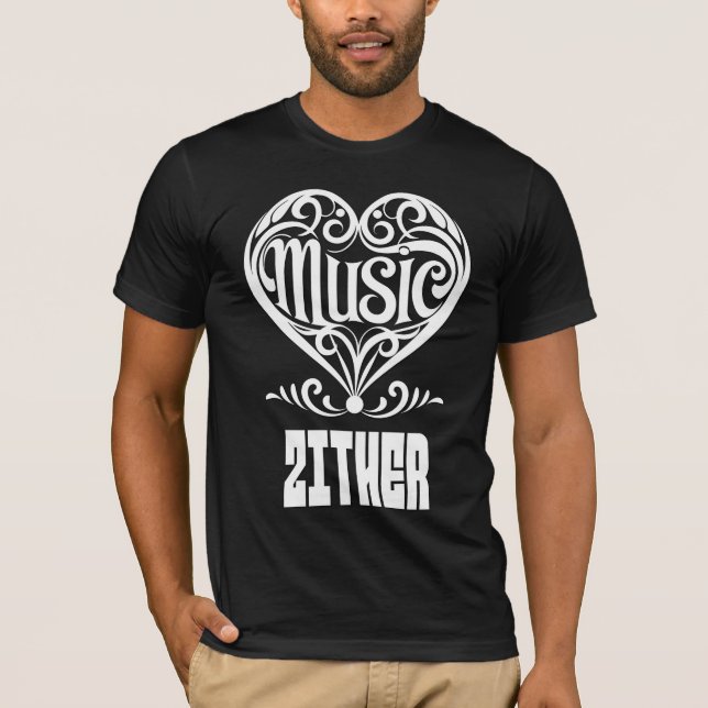 Elegant Rullat hjärta för Zither Älskare T Shirt (Framsida)