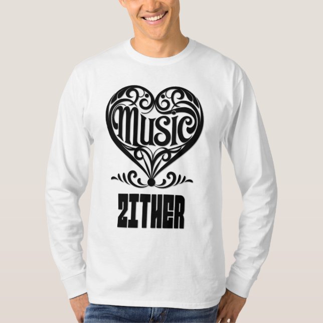 Elegant Rullat hjärta för Zither Älskare T Shirt (Framsida)